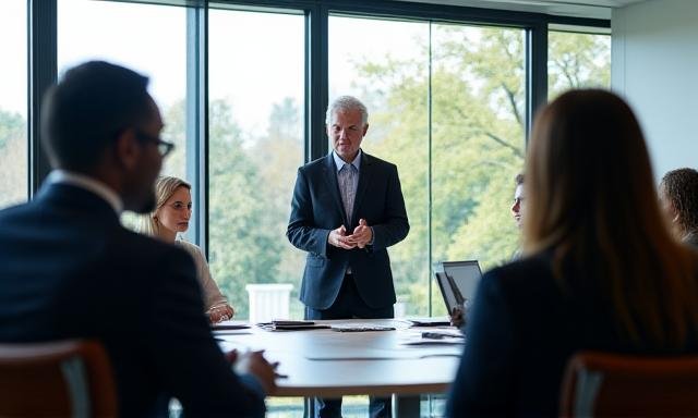 Professional leader guiding a team meeting